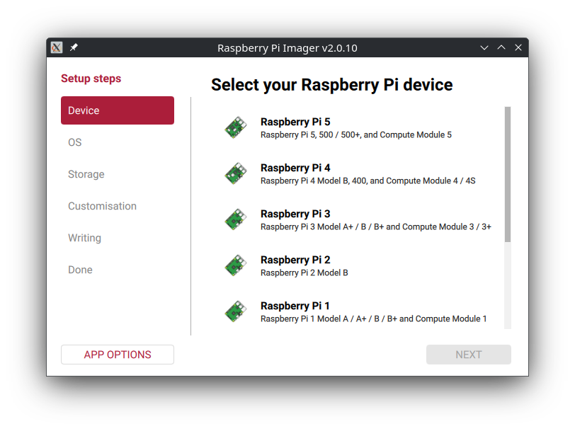Raspberry Pi Imager device selection screen