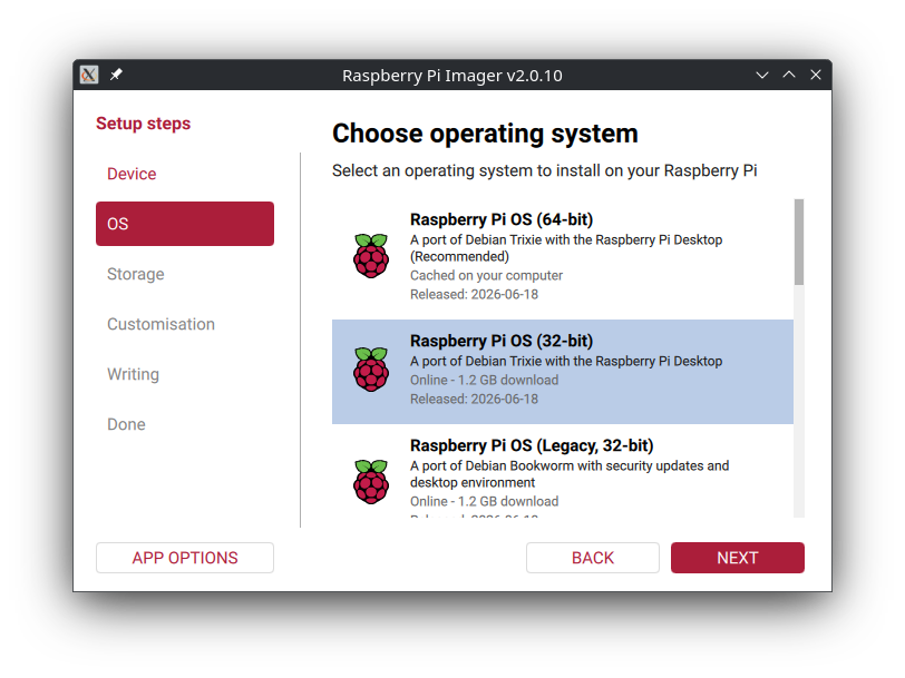 Raspberry Pi Imager OS selection screen showing Raspberry Pi OS Lite