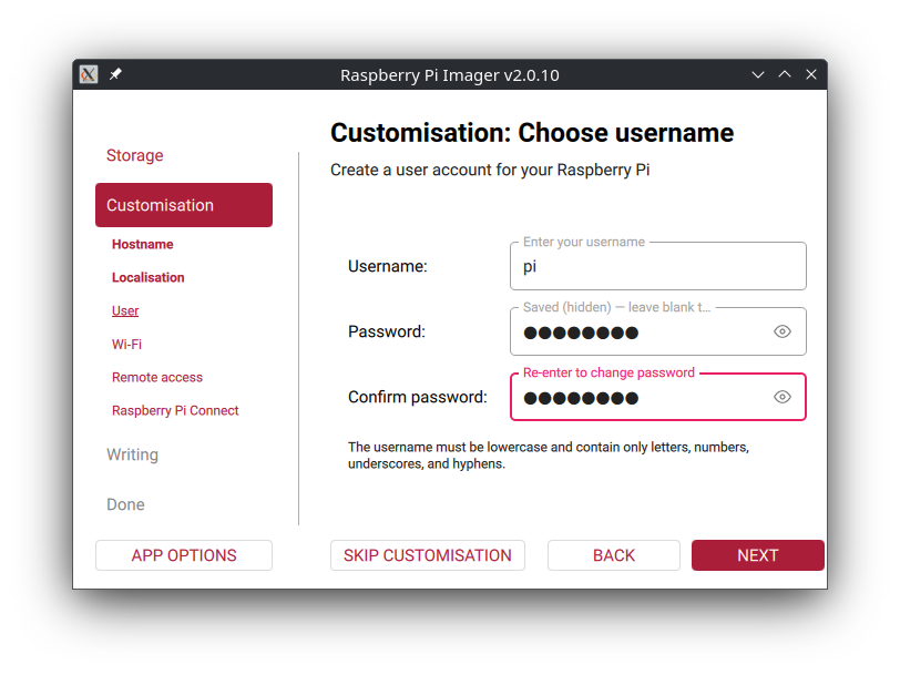 Raspberry Pi Imager OS customisation screen showing username and password fields