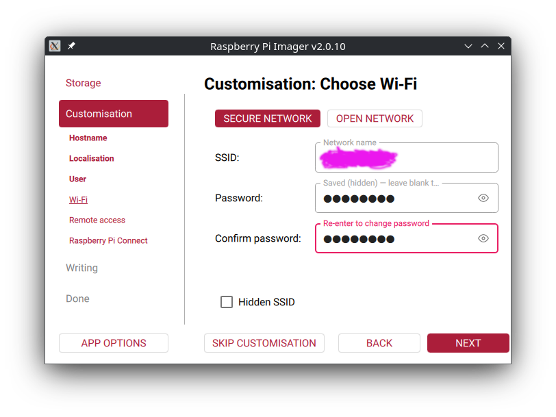Raspberry Pi Imager OS customisation screen showing Wi-Fi configuration