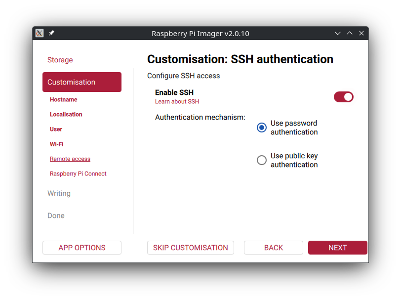 Raspberry Pi Imager Services tab showing SSH enabled with password authentication