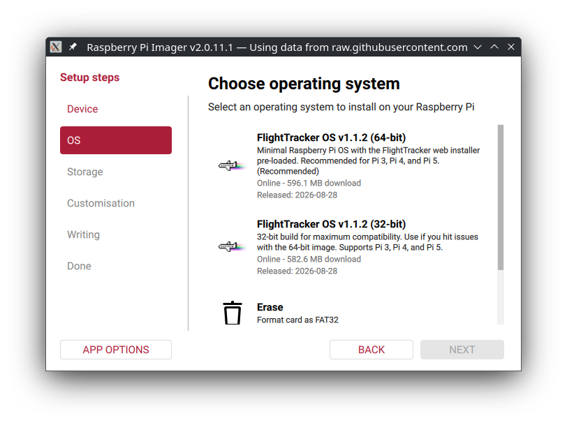 Raspberry Pi Imager OS selection screen showing the FlightTracker OS 64-bit and 32-bit options